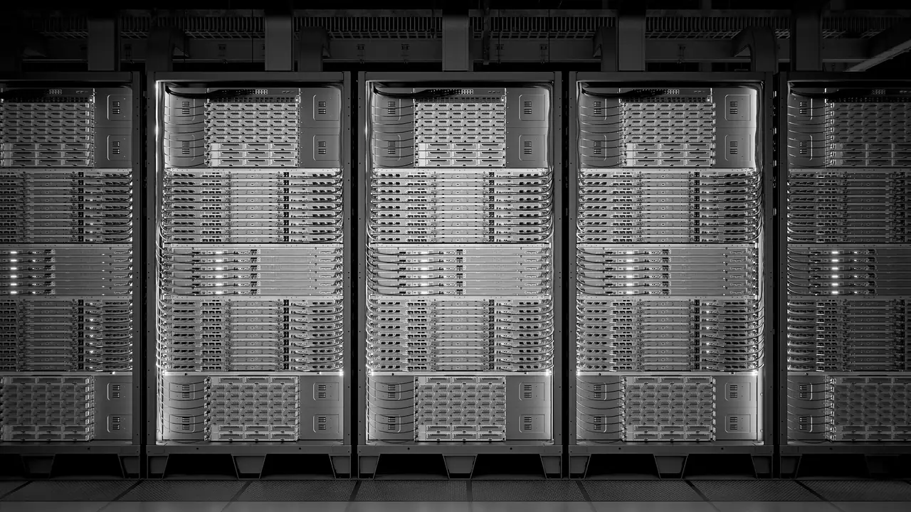 Rendered close view of server racks behind glass doors, with rows of cabled rack servers